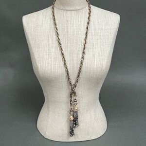 Beautiful Gold-tone Gray Clear Black Beaded Chain Fashion Dangling Necklace NWOT
